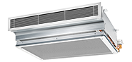 Eenzijdig uitblazend plafondinductierooster voor nominale lengten 900, 1200 en 1500 mm met horizontale warmtewisselaar